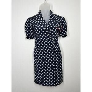 Nipon Boutique Polka Dot Silk Dress Size 6 Vintage 1980s Navy White Nautical